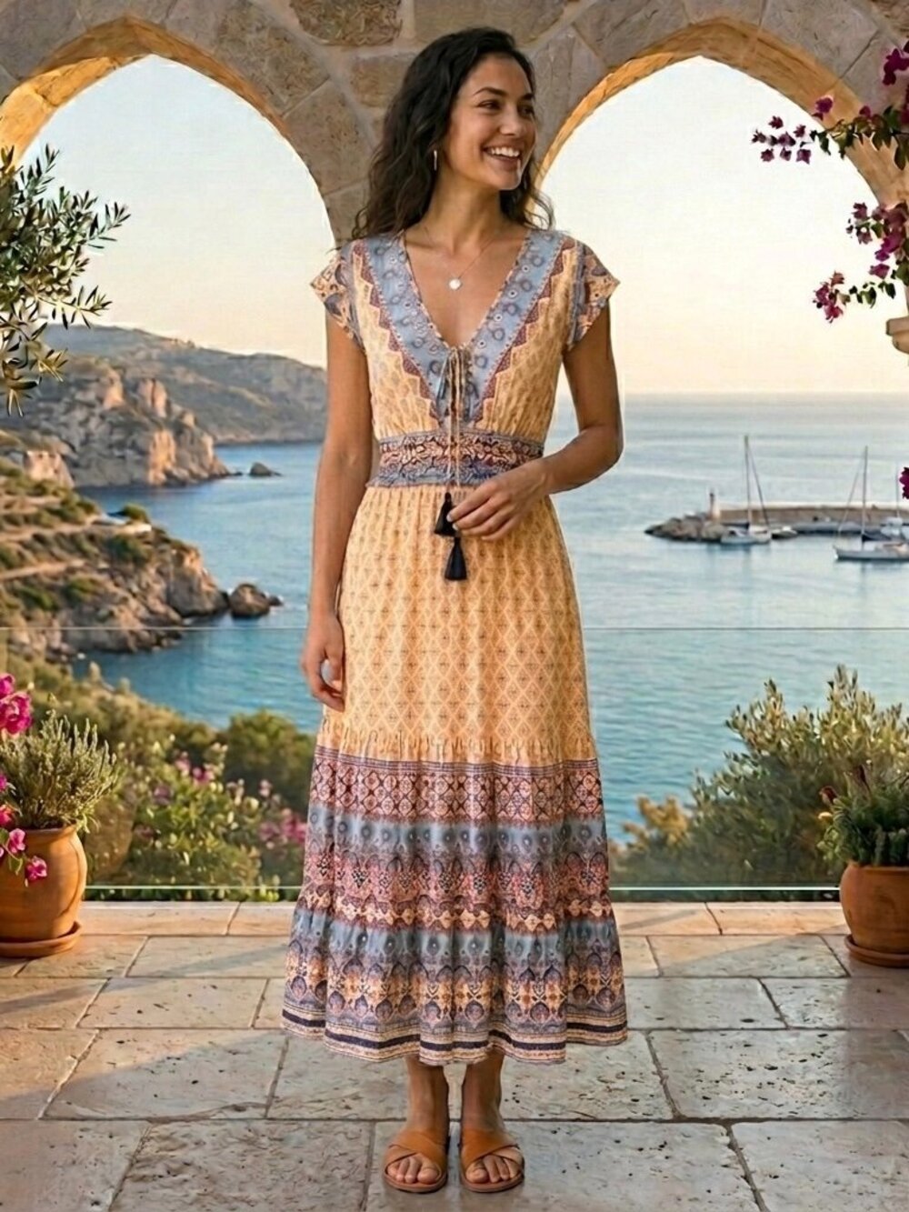 Angie Boho India Print Tassel Tie Maxi Dress Size Small NWT - Picture 2 of 12